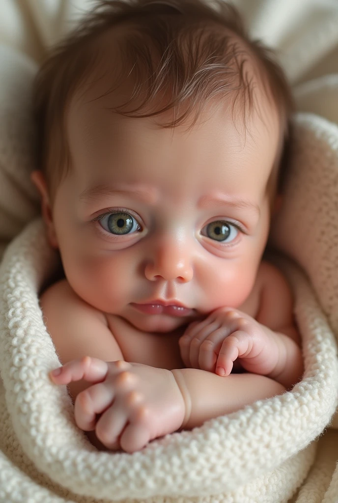 baby, small male brown hair and green eyes , 3 days after birth