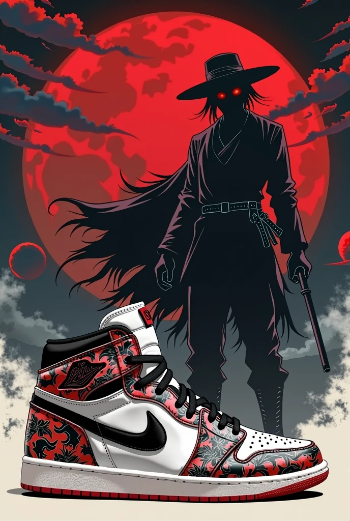 A white Air Jordan 1 Mid sneaker with a custom design inspired by Muzan Kibutsuji from 'Demon Slayer'. The design should feature stylized illustrations of Muzan in his iconic black and white outfit, along with elements like his fedora, Red eyes, and the night sky was filled with blood moons. Use a color palette dominated by black, white, and deep red to create a dark and menacing aesthetic.. Integrate Muzan&#39;s powerful and mysterious presence seamlessly into the sneaker&#39;s panels., covering the sides, language, and back, while maintaining a sleek, cohesive look that reflects its fearsome character...