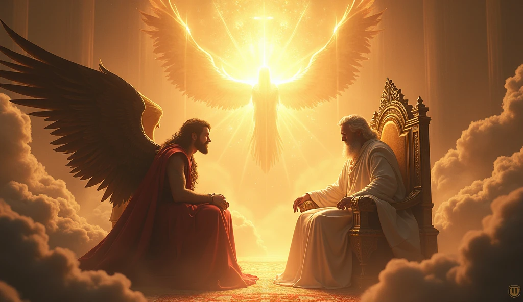 Create a heavenly image where God, depicted as a majestic, radiant figure on a shining throne, faz uma pergunta a Satan, that is before him. Satan, a shadowy figure with wings, is slightly tilted, as if in a respectful conversation. The setting must be a grand heavenly court, full of divine light with swirling clouds and rays of light emanating from God. Other celestial beings watch in the background. The image should convey a sense of authority and reverence., com foco na interação entre Deus e Satan."