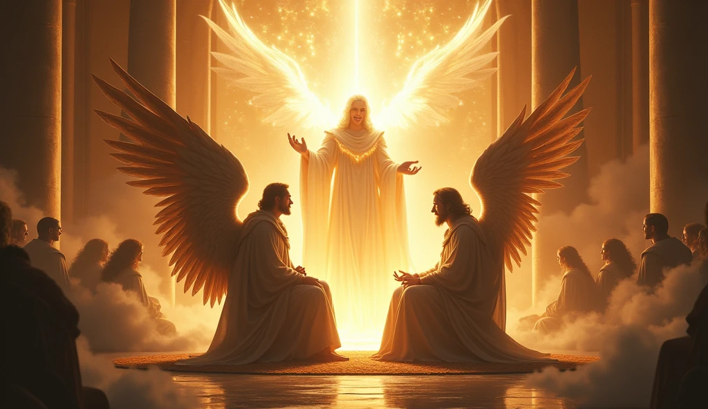 Create a heavenly image where God, depicted as a majestic, radiant figure on a shining throne, faz uma pergunta a Satan, that is before him. Satan, a shadowy figure with wings, is slightly tilted, as if in a respectful conversation. The setting must be a grand heavenly court, full of divine light with swirling clouds and rays of light emanating from God. Other celestial beings watch in the background. The image should convey a sense of authority and reverence., com foco na interação entre Deus e Satan."