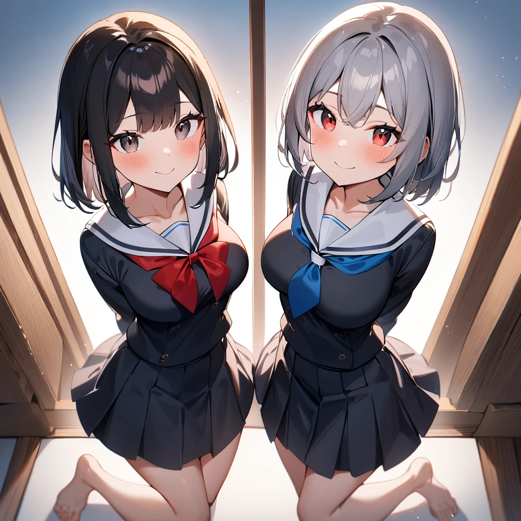 (2girls),adult,smile,school_uniform,White sailor,bareLegs,feet,barefoot,medium hair.black hair,gray hair,black eyes,red eyes,medium_breasts,breasts,masterpiece, best quality, very aesthetic, absurdres,front View,(straight-on),side by side,seiza,light,dynamic angles
