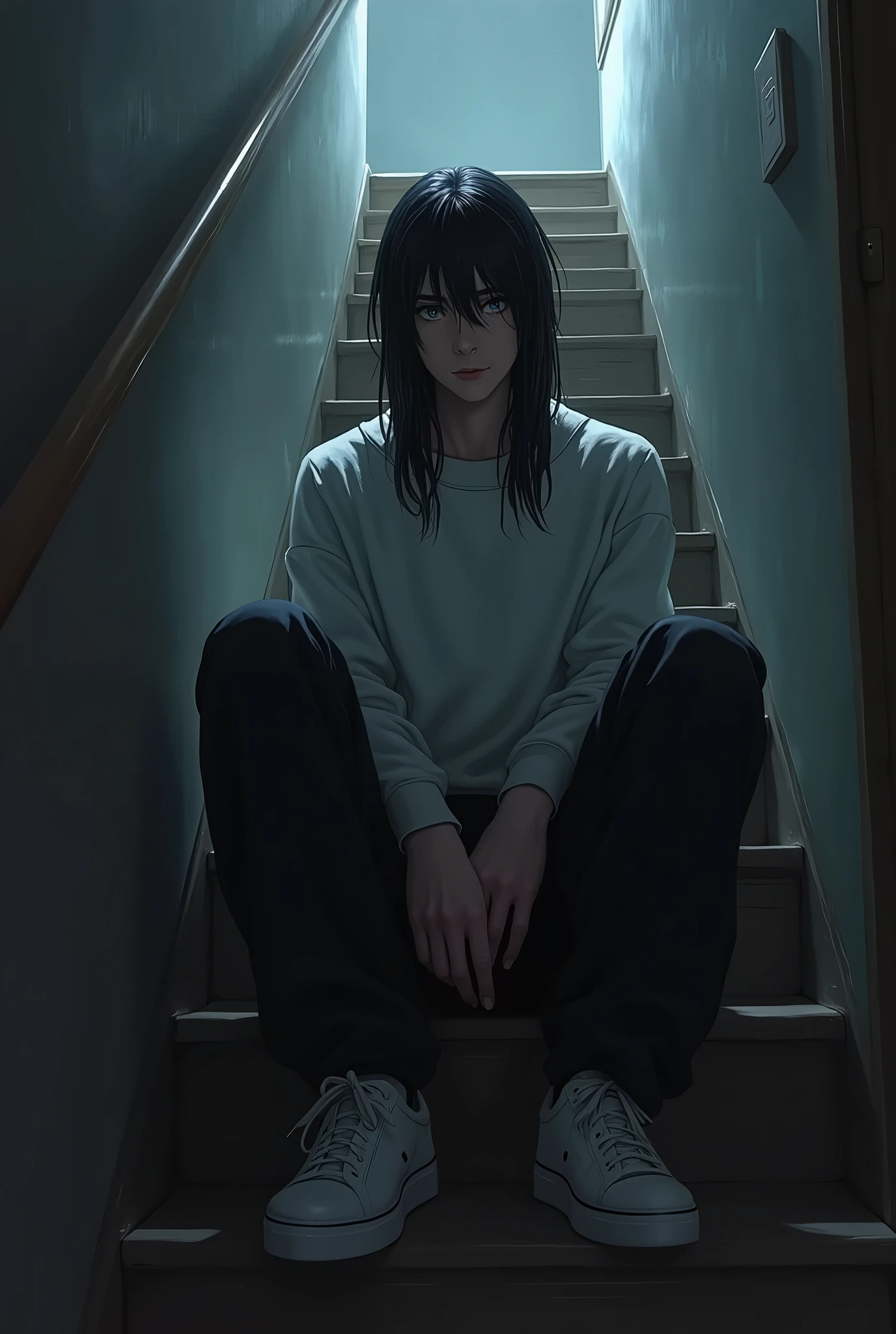 A tall, cool teenage man with his hands in his pants pockets. He wears a long white sweater, wears long, loose black pants and also sports shoes. Her hair is black and long down to her neck., your eyes are blue and your skin is white. In this scene he is sitting on a staircase in a dark apartment while his hands are in his pants pockets as if he is bored.. Art is realistic.