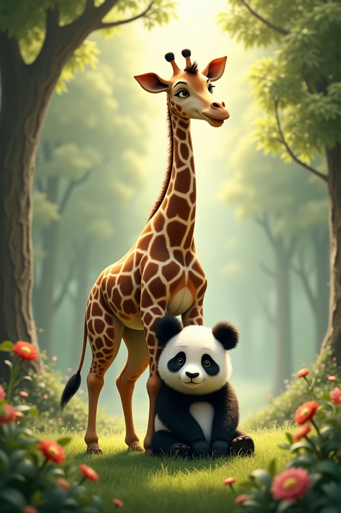giraffe caring for and protecting a panda 
