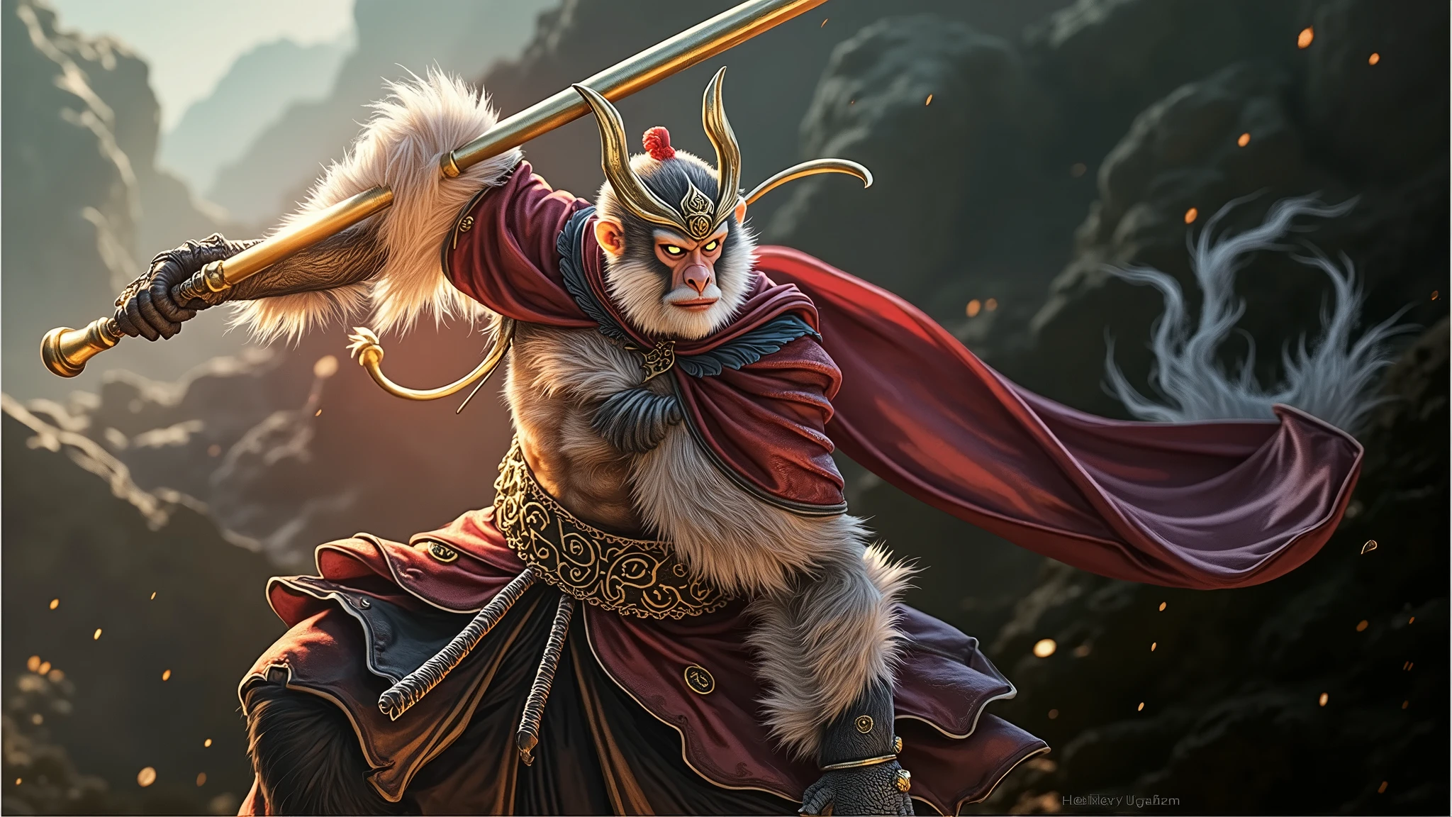 sun wukong, handsome monkey king, red Chinese armor, holding golden shaft, glowing yellow eyes