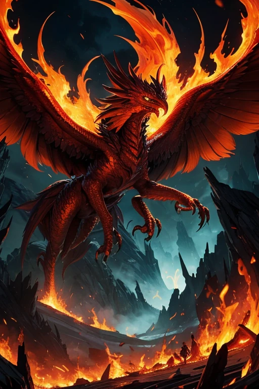 Phoenix monster, amorphous phoenix of monstrous fire ,phoenix creature with fire
masterpiece,Highest quality,8k,High resolution,
Fantastic,scary,horrific,
Please draw an eldritch phoenix monster from H.P. Lovecraft. shapeshifting monster of viscous fire. phoenix of madness. dark green cloudy sky, madness of fire, fire bubbling and pulsating. People covered by the fire. Monster phoenix.