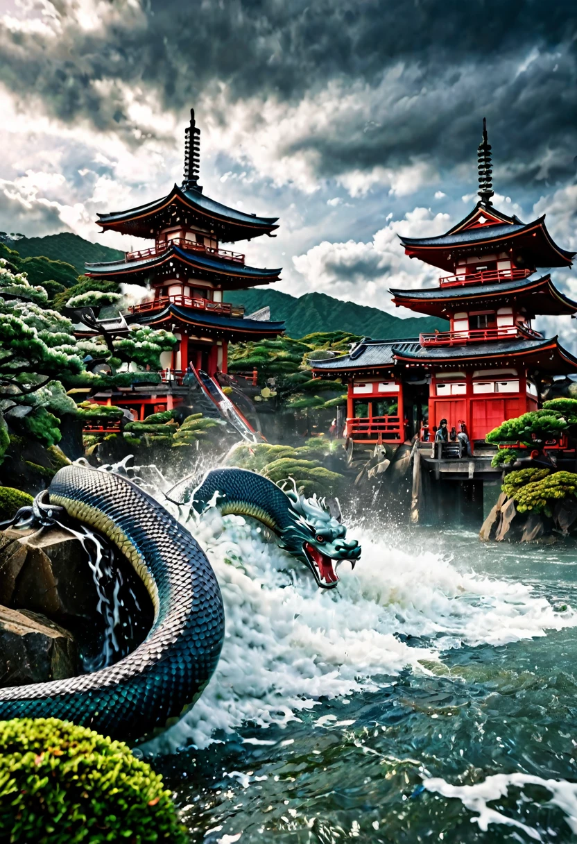 a detailed and epic battle scene of the eight-headed serpent "Yamata no Orochi" fighting against the mighty Emperor Yamato Takeru, highly detailed Japanese mythological creatures, dramatic action, cinematic lighting, vibrant colors, intricate background details, (best quality,4k,8k,highres,masterpiece:1.2),ultra-detailed,(realistic,photorealistic,photo-realistic:1.37),detailed facial features, muscular figures, dynamic poses, sweeping landscapes, traditional Japanese architecture, powerful magical energy, dramatic clouds, shimmering water, lush foliage, stunning realism