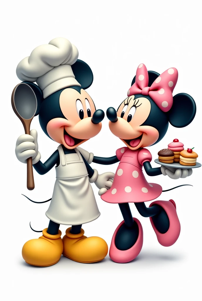 a detailed, full-body image in a cartoony style of Mickey and Minnie Mouse, both dressed as chefs. Mickey is wearing a white chef's hat, a white apron, and yellow shoes. Minnie is wearing a pink dress with white polka dots and a matching bow. They are both smiling and look joyful. Mickey is holding a large cooking spoon, and Minnie is holding a tray of sweets. The background should be completely white, focusing solely on the characters without any kitchen or additional elements in the background. The image should feature simple shapes, bold outlines, solid colors, and minimal shadows or realistic details, characteristic of cartoon-style illustrations