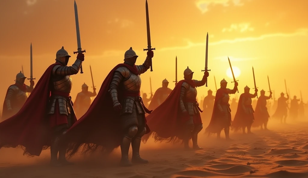 (Desert landscape:1.2), (crusaders:1.4), (raising swords:1.5), (intense determination:1.3), (sunset lighting:1.3), (dramatic shadows:1.2), (golden light reflecting on armor), (dust in the air:1.2), (epic atmosphere:1.3), (wind blowing cloaks), (focus on the swords and crusaders:1.4), (highly detailed:1.4), (masterpiece), (photorealistic:1.3), (8K resolution)