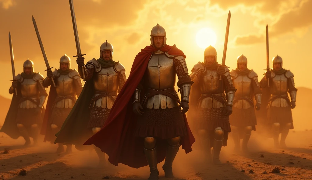 (Desert landscape:1.2), (crusaders:1.4), (raising swords:1.5), (intense determination:1.3), (sunset lighting:1.3), (dramatic shadows:1.2), (golden light reflecting on armor), (dust in the air:1.2), (epic atmosphere:1.3), (wind blowing cloaks), (focus on the swords and crusaders:1.4), (highly detailed:1.4), (masterpiece), (photorealistic:1.3), (8K resolution)