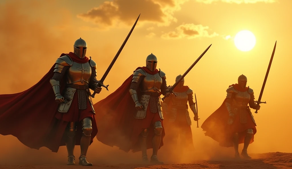 (Desert landscape:1.2), (crusaders:1.4), (raising swords:1.5), (intense determination:1.3), (sunset lighting:1.3), (dramatic shadows:1.2), (golden light reflecting on armor), (dust in the air:1.2), (epic atmosphere:1.3), (wind blowing cloaks), (focus on the swords and crusaders:1.4), (highly detailed:1.4), (masterpiece), (photorealistic:1.3), (8K resolution)
