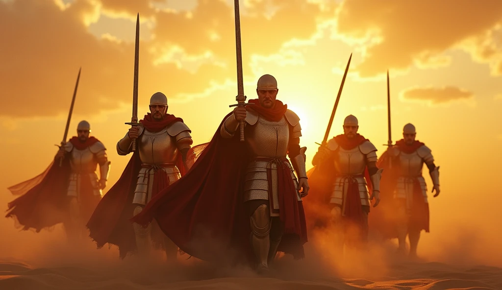 (Desert landscape:1.2), (crusaders:1.4), (raising swords:1.5), (intense determination:1.3), (sunset lighting:1.3), (dramatic shadows:1.2), (golden light reflecting on armor), (dust in the air:1.2), (epic atmosphere:1.3), (wind blowing cloaks), (focus on the swords and crusaders:1.4), (highly detailed:1.4), (masterpiece), (photorealistic:1.3), (8K resolution)
