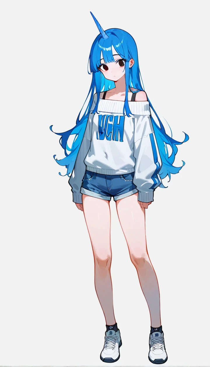 A woman，Blue hair，Standing，Long hair，Bangs，Blue unicorn，Navel，White off-the-shoulder sweater，Long sleeve，Show your shoulders，Denim shorts，Black eyes，Long hair，Anatomically correct, stocking，sports shoes，Simple background/No background, Portrait style, high resolution, High Detail, Very detailed, Ultra HD, 