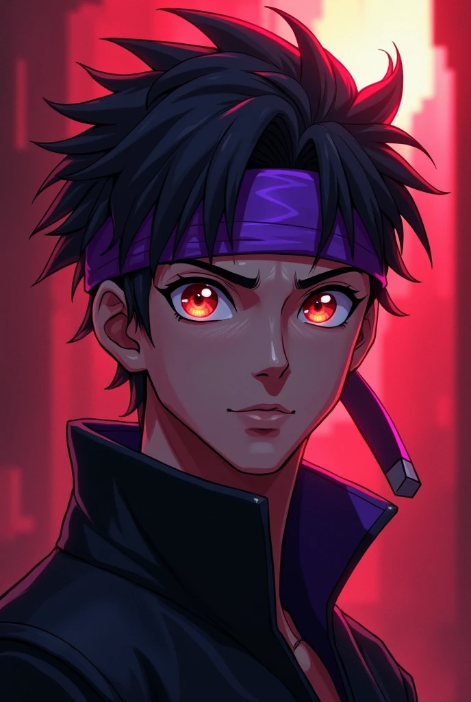 a young anime boy with purple headband, deadly aura, hyperrealistic, detailed face, beautiful eyes, striking expression, dark clothing, mysterious background, cinematic lighting, dramatic shadows, digital painting, concept art style, vibrant colors, moody atmosphere, fantasy theme. age must be like 25 and there must be a minecraft diamond axe in the back also make the background theme red . charecter must not be realistic