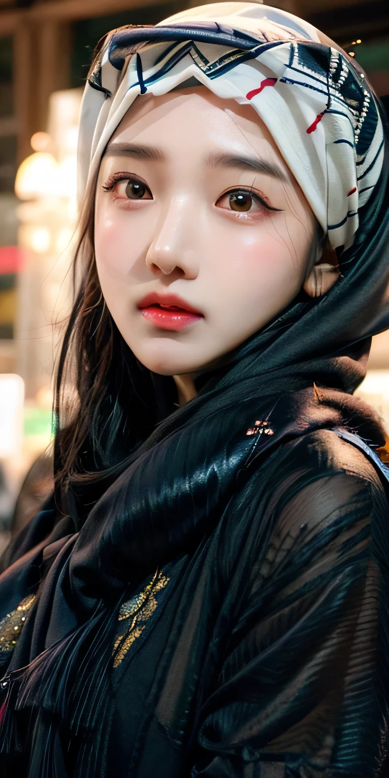 Korean girl, beautiful girl in hijab, 1 girl, perfect face, expressive eyes, makeup, eyeshadow, eyeliner, luxurious hijab, patterned hijab, hijab decoration, brooch, shiny lips,