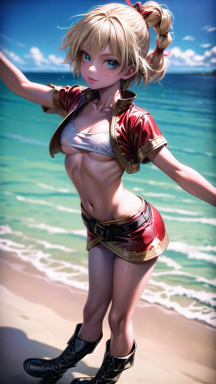 1 adult woman, character "kid" from chrono cross, 20 years old, ((mature face)), various detailed facial expressions, yellow hair in a high braided ponytail, (medium-small bust:1.4),standing on white sandy beach, in various fighting poses, fitted jacket 3/4 cropped, white top under jacket, tight fitting micro skirt, loose leather boots, ankle wraps, detailed face, detailed eyes, detailed lips, highly detailed, 8k, ultra-detailed 90s era anime style, cinematic lighting, vivid colors, dramatic shadows, masterpiece, award winning art, wide angle, (full length portrait), strong_negative, micrsk3rt, bikini underboob, navel, no bra 