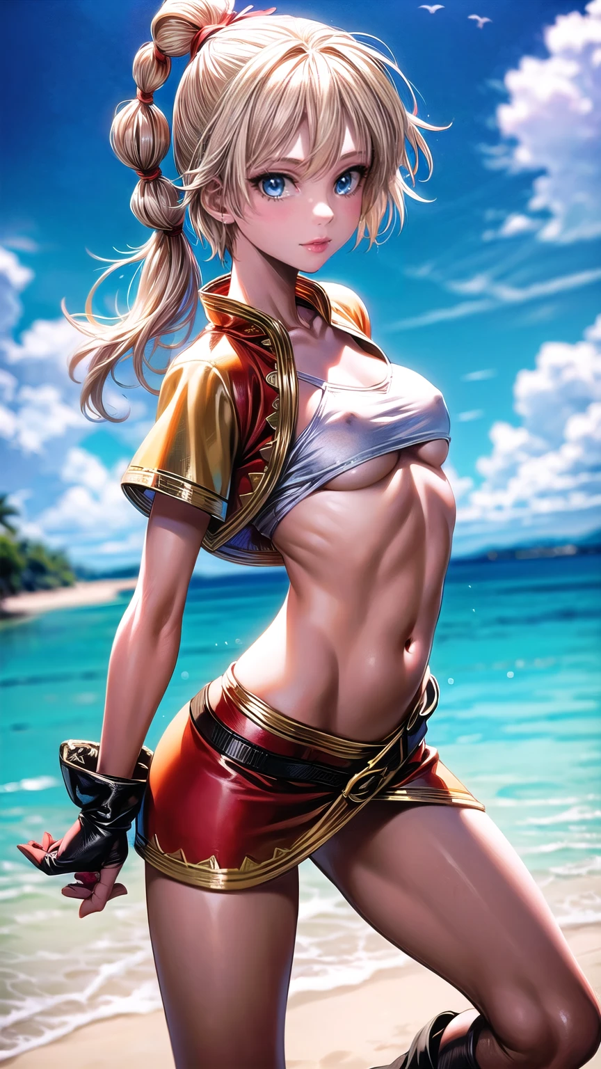 1 adult woman, character "kid" from chrono cross, 20 years old, ((mature face)), various detailed facial expressions, yellow hair in a high braided ponytail, (medium-small bust:1.4),standing on white sandy beach, in various fighting poses, fitted jacket 3/4 cropped, white top under jacket, tight fitting micro skirt, loose leather boots, ankle wraps, detailed face, detailed eyes, detailed lips, highly detailed, 8k, ultra-detailed 90s era anime style, cinematic lighting, vivid colors, dramatic shadows, masterpiece, award winning art, wide angle, (full length portrait), strong_negative, micrsk3rt, bikini underboob, navel, no bra 