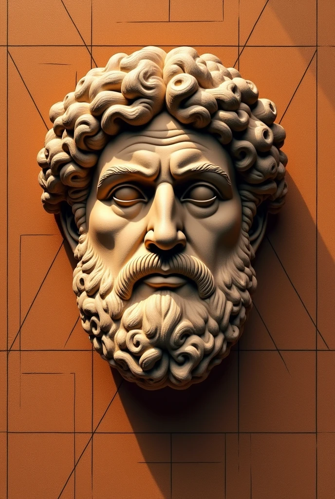 Aristotle geometric philosopher face for wallpaper with terracotta colors with lines, parallel triangles
