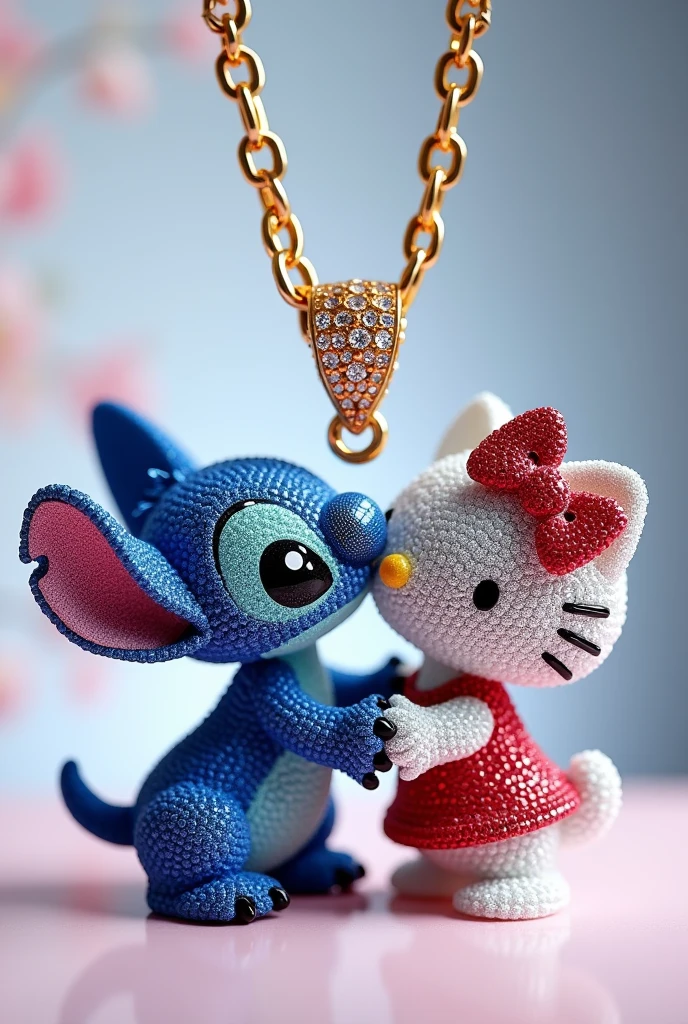 A Cuban chain necklace with a pendant featuring Stitch and Hello Kitty kissing made of diamonds facing forward.