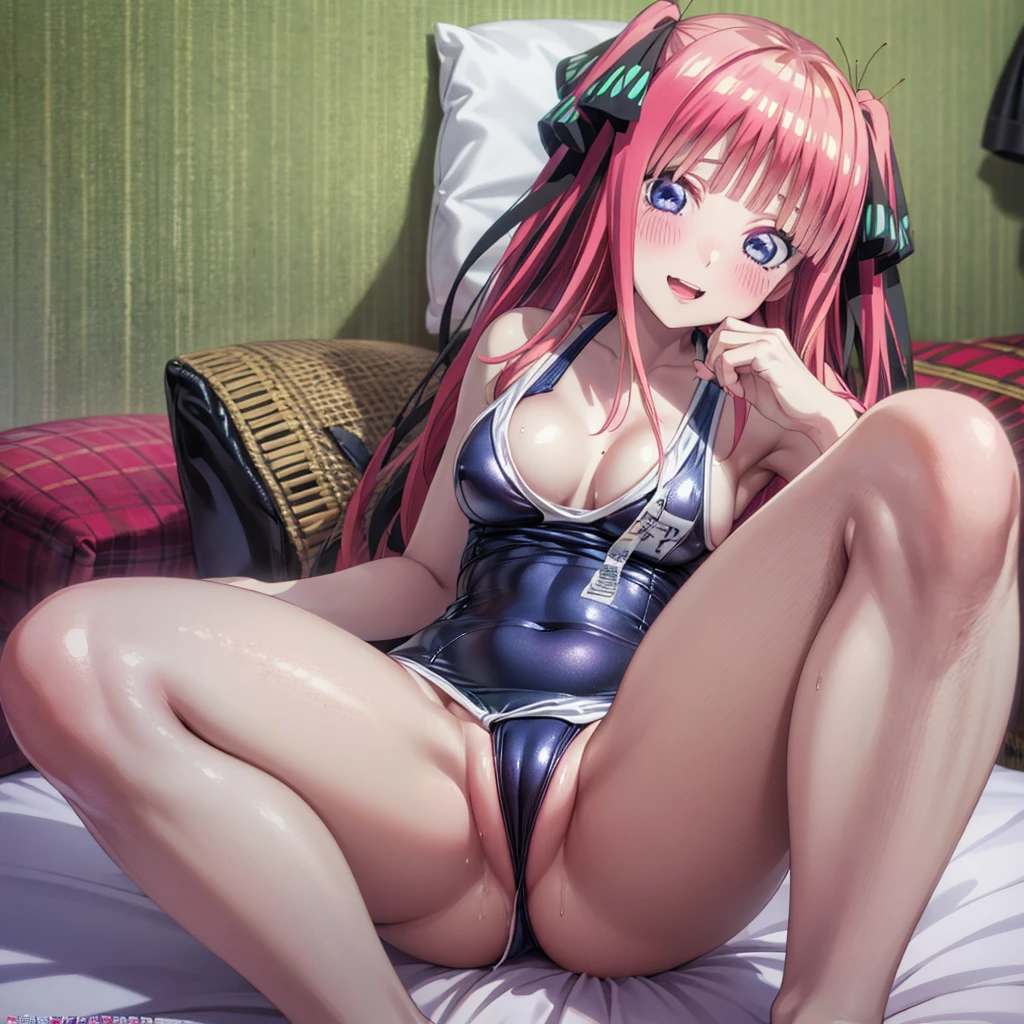 best quality, insanely detailed, nino nakano, breasts, blush, bedroom background, looking at viewer, cheerful eyes,arousal, one-piece swimsuit, old school swimsuit, pussy, nsfw