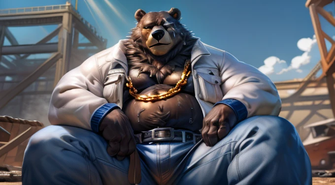 ben (zenless zone zero), (by taran fiddler), (by darkgem:0.8), (by chunie:0.8), masterpiece, (((detailed fluffy fur))), looking at viewer, scar, seductive, ((bedroom eyes)), bear, brown fur, fur, male, (manly:1.3), full body view, fat, musclegut, ((construction site background, sunshine, sun rays)), sitting on concrete, ((white construction jacket)), ((blue construction jeans)), construction tools, belt, (hard hat), ((sweating, sweaty, sweat)), ((gold chain)), detailed eyes