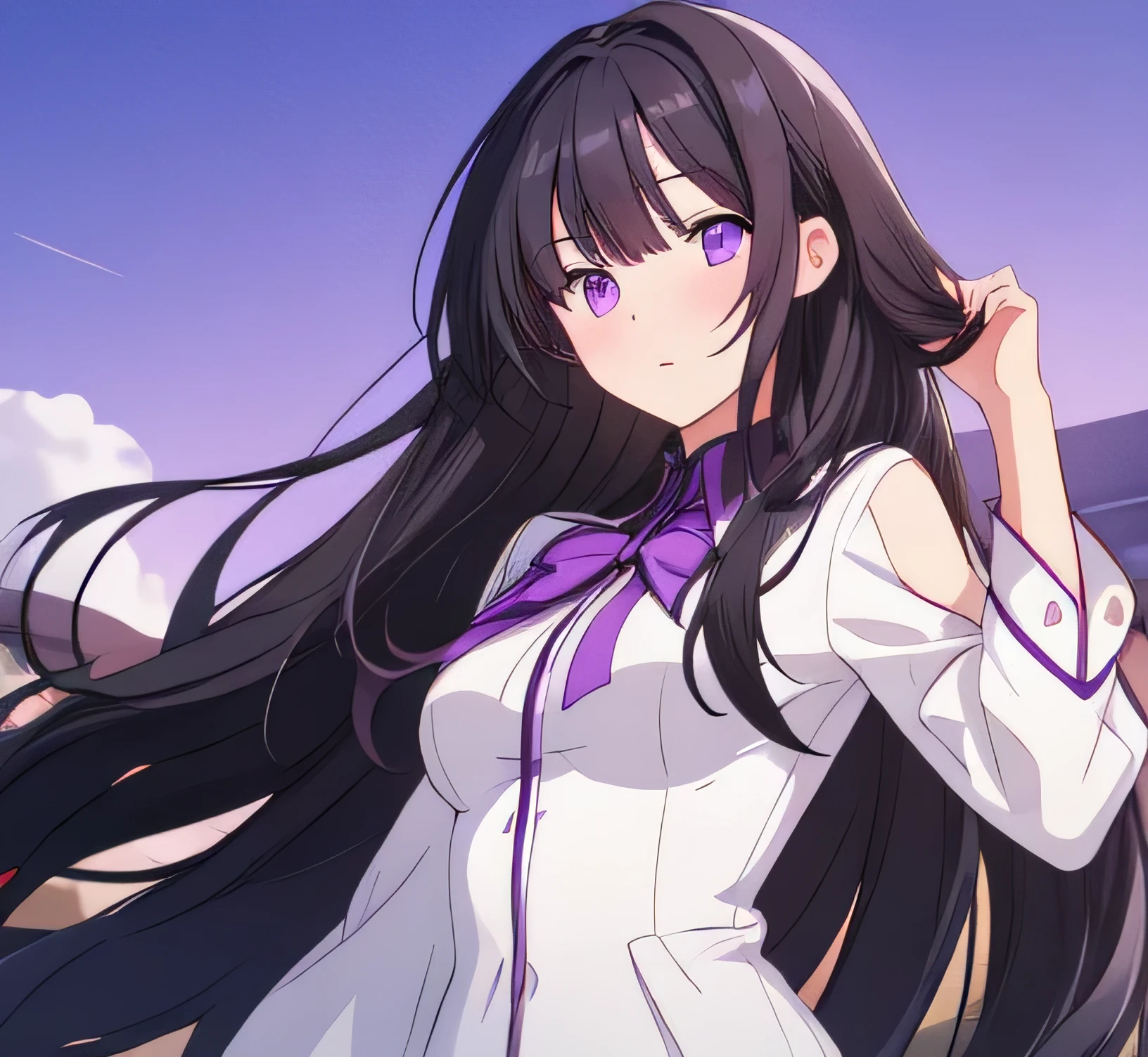 Best quality, girl, really long black hair, purple eyes