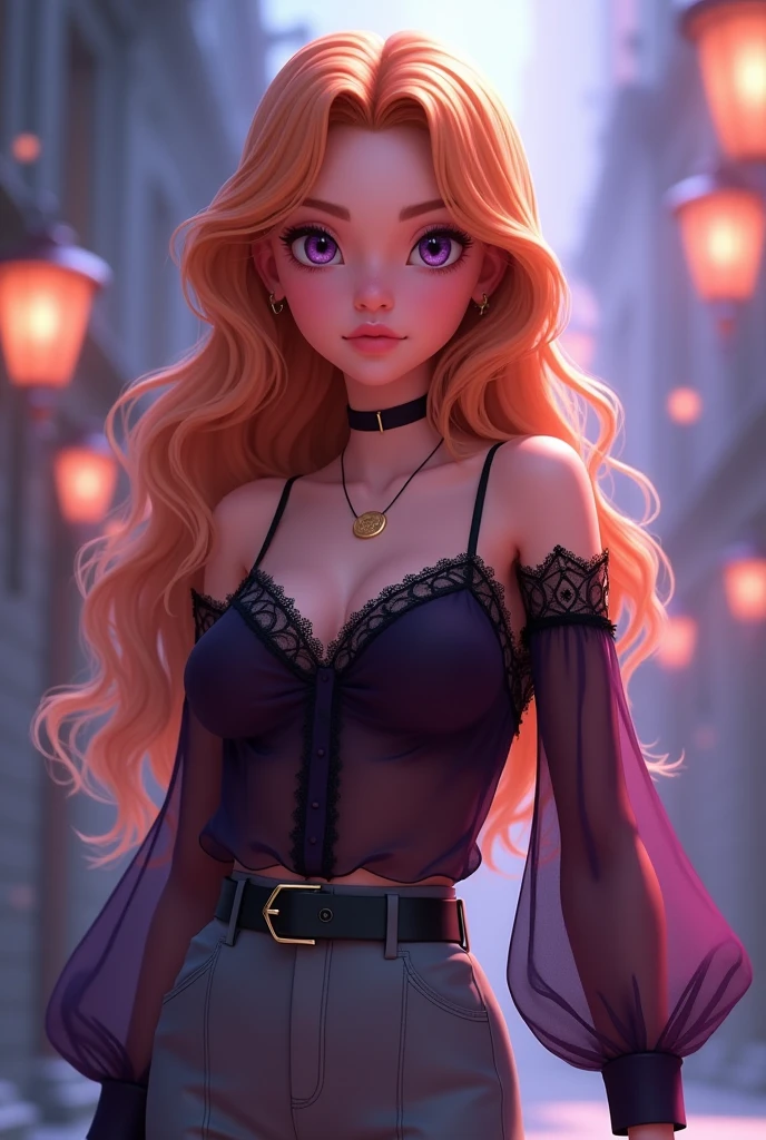 Vanessa is a very beautiful fifteen-year-old girl with snow-white skin, She has long, wavy, bright light orange hair that is usually styled half up with two strands falling down her beautiful face.,She has almond-shaped eyes, a light lilac purple color., her face is heart-shaped and she has a small nose and salmon pink lips, She wears a dark purple long-sleeved shirt, puffed up on the arms, where it is a little more transparent with a lace of circles and around the wrist, it is glued with half of the shoulders uncovered, revealing a little of a black blouse with thin straps., He is wearing elegant grey trousers and black ankle boots..((Epic Anime 3D)) ((Miraculous ladybug)).
