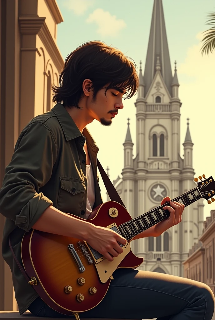 I want a young man with long hair, sem beard, with a Gibson Les Paul electric guitar sitting and behind him a church with a beautiful young woman with a guitar, focus on the background too, the church and the beautiful young woman with the guitar