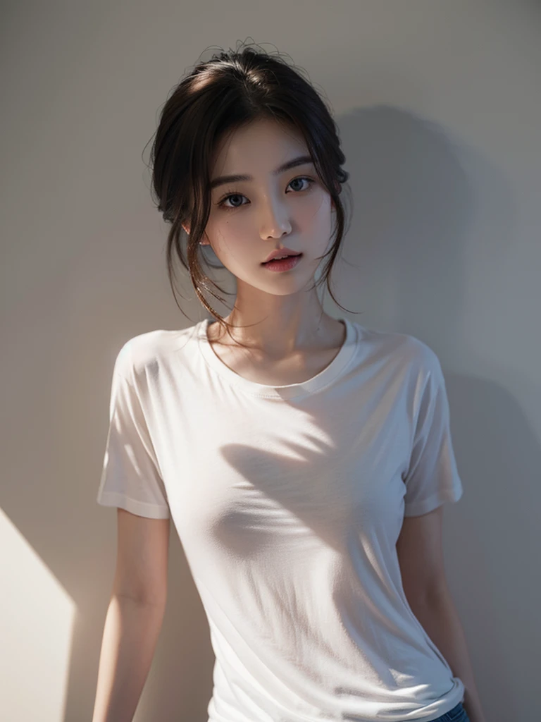 Highest quality、masterpiece、Ultra-high resolution、(Realism:1.4)、 1 person、In a pale background、Deep Shadow、Low Key、Shortcuts、Upper Body、sex appeal、Wearing a thick T-shirt、Cosmetic CM