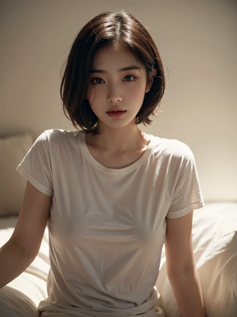 Highest quality、masterpiece、Ultra-high resolution、(Realism:1.4)、 1 person、In a pale background、Deep Shadow、Low Key、Shortcuts、Upper Body、sex appeal、Wearing a thick T-shirt、Cosmetic CM