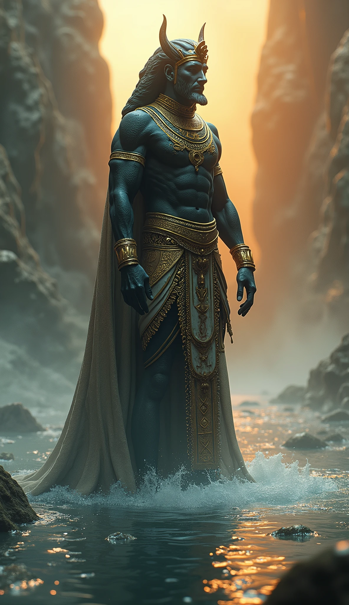 Create a stunning and realistic portrait of Atum, the primordial deity from Egyptian mythology, emerging from the primordial waters. Depict him as a solitary figure on a primordial mound. Include a detailed background and vibrant gradient colors. Use masterpiece, best quality, CG, wallpaper, HDR, high quality, ultra detailed face, cinematic, high detail, 8k, raw, high, artstation HQ, unreal engine, octane renderer, 4k resolution, hyperrealistic, highly detailed, and absurdres settings