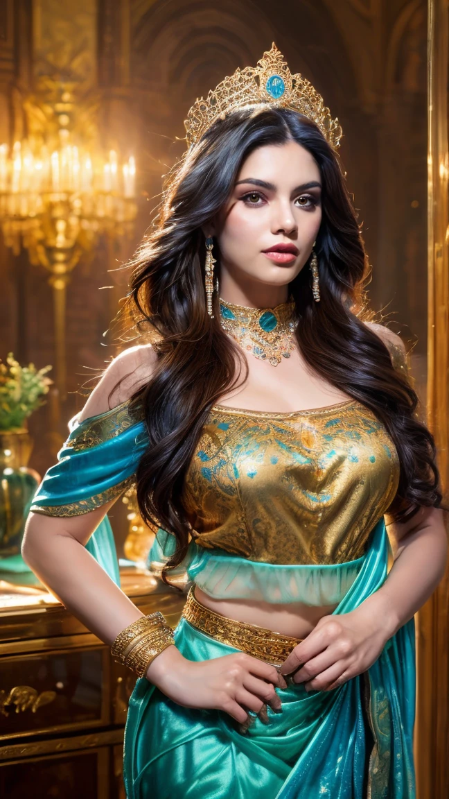 ((Best quality, 8k, Masterpiece :1.3)), Sharp focus :1.2, Generate a realistic image of a beautiful sexy Indian woman plus size body: 8.5 (masterpiece like a princess) (body like divine girl) dressed divine clothes cyan silk short skirt and print giant plus size v neck blouse + belt, adorned with traditional ornaments, standing in a well-lit room with cinematic lighting. ((Front view, random elegant pose)), and there is a sense of grace and elegance in her posture. The background should complement the scene, enhancing the overall aesthetic appeal of the image. Photography by Brandon Woelfel, Full shot: Canon EF 16-35mm f/2.8L III USM lens on a Canon EOS 5D Mark IV camera, ultra realistic, 32k, HD