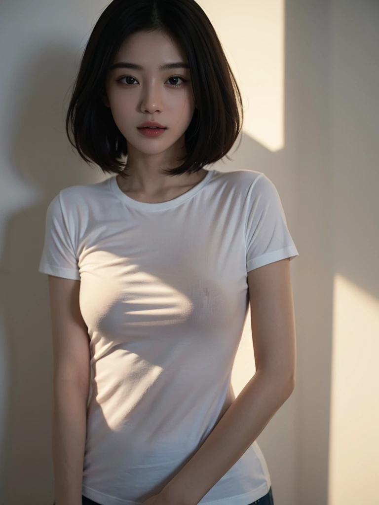 Highest quality、masterpiece、Ultra-high resolution、(Realism:1.4)、 1 person、In a pale background、Deep Shadow、Low Key、Shortcuts、Upper Body、sex appeal、Wearing a thick T-shirt、Cosmetic CM