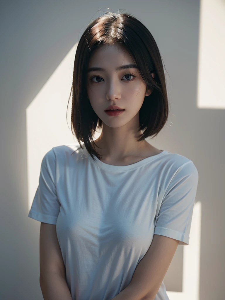 Highest quality、masterpiece、Ultra-high resolution、(Realism:1.4)、 1 person、In a pale background、Deep Shadow、Low Key、Shortcuts、Upper Body、sex appeal、Wearing a thick T-shirt、Cosmetic CM
