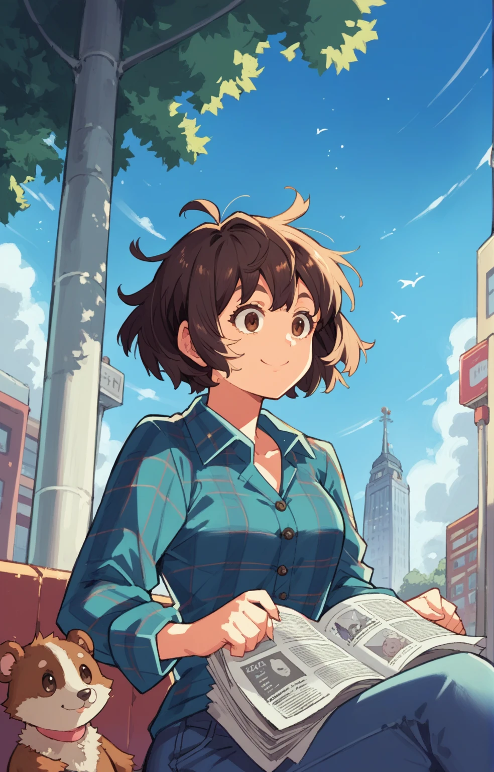 score_9, score_8_up, score_7_up, source_anime, best quality, amazing quality, very aesthetic, arafed woman reading a newspaper on a city street, winona ryder in repose, winona ryder, starshadowmagician, 1girl, brown eyes, wariza, short hair, black hair, messy bob haircut, happy face, a woman showing smile, medium shot angle, Shooting from the side, looking at away, stadimg angle. perfect dynamic composition, dark blue Plaid Flannel Shirt, long sleeves, blue jeans, sitting pose, in street backgrounds,