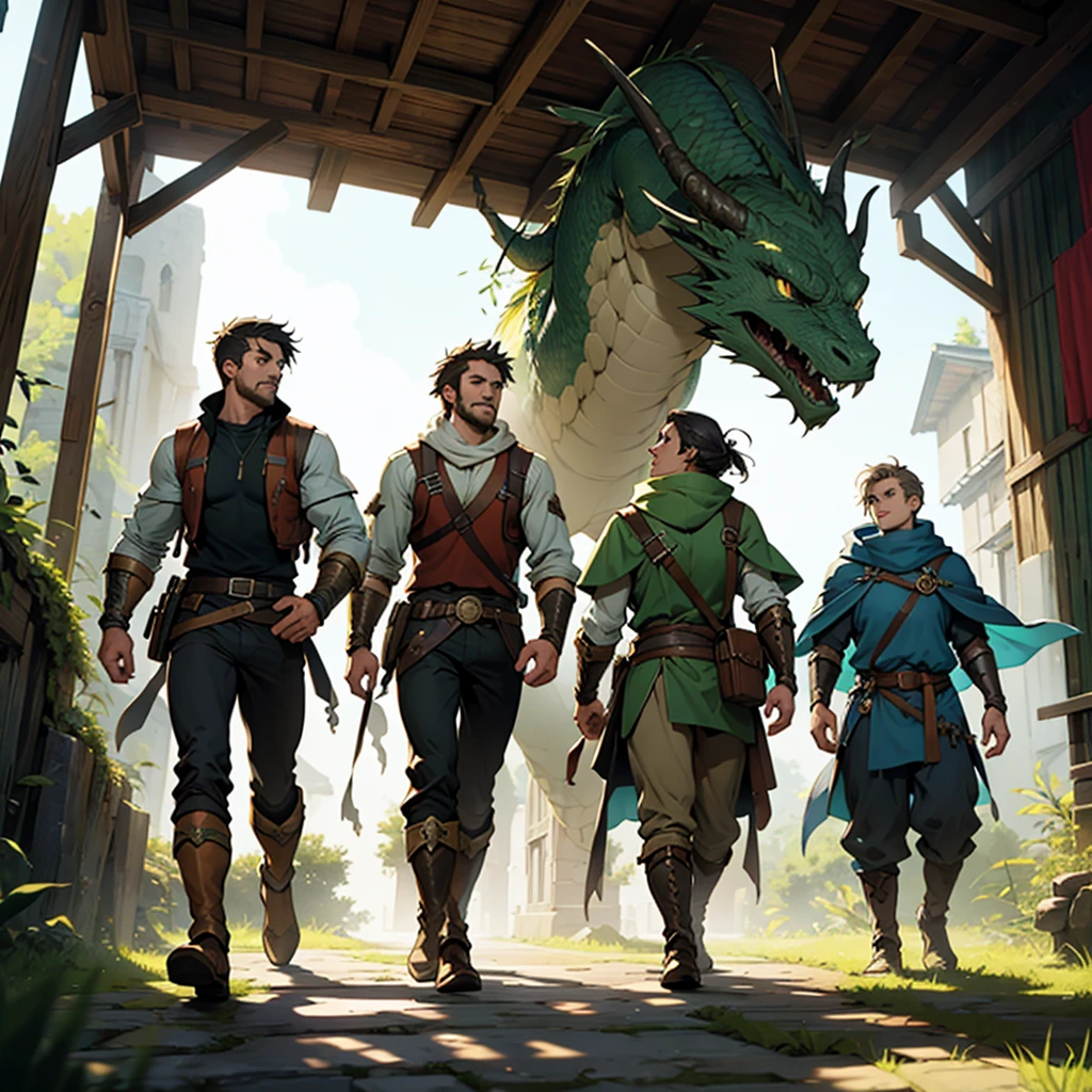 Create an image of a group of four male heroes, composed of a rogue, magician, warrior and a backpacker in a fantasy world facing a green dragon