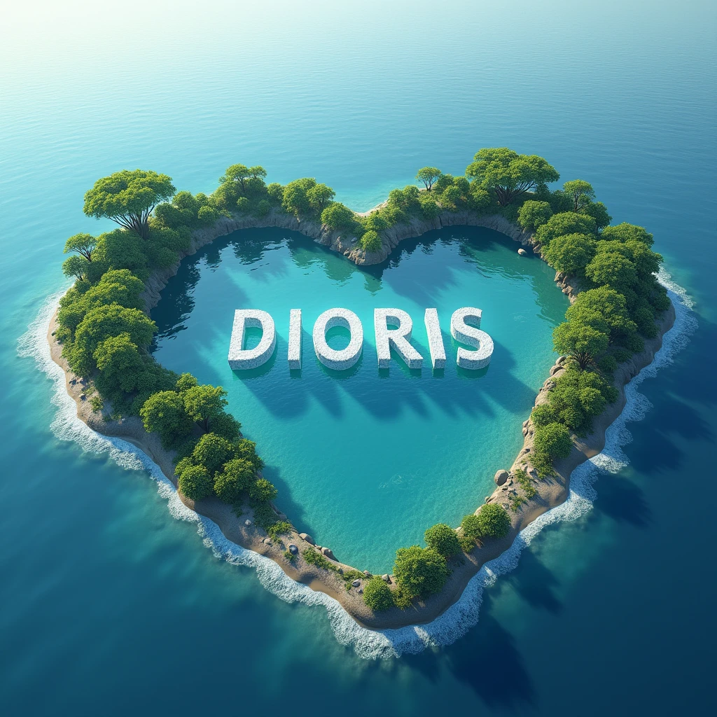 I want these DIORIS letters made with water in the middle of a heart-shaped island