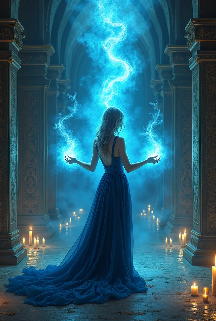 female fey sorcerer, Mastering spell, phoenix-shaped mist rising from hands, anthraquinone blue hydrodynamic fire, magnetism manipulation, magic academy, chill of ancient runes archive, engraved shelves, ancient scrolls, enchanted quills, preservation globes, enchantment detectors, translation devices, guardian golems, archive wraiths, enchanted locks, magical, fantasy