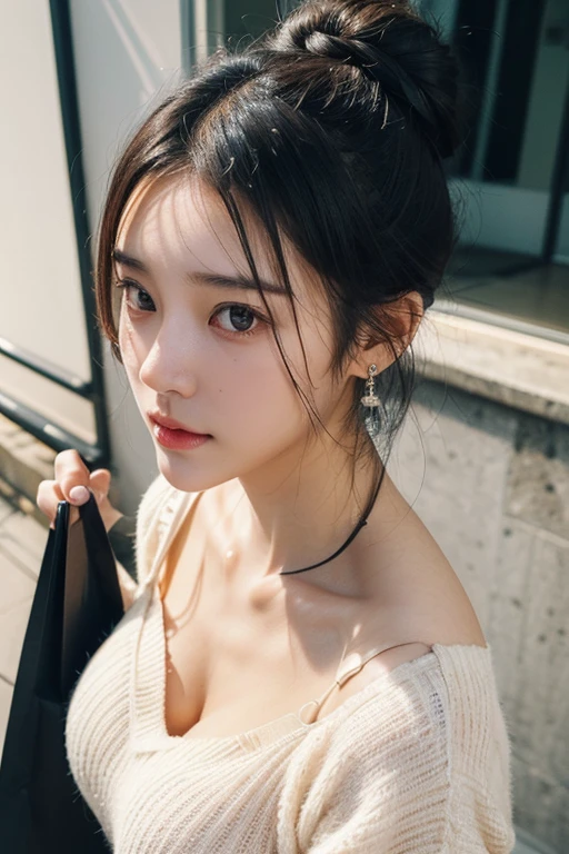 (2 pure Japanese girl,), (Small breasts:1.5,),(Moles on the left side of the neck and the right side of the chest:1.5),(solo,,Textured skin, Detailed skin,Detailed face,Detailed eyes,detailed posing,Natural eyebrows,Sparkling Eyes,High detail, Highest quality, Super detailed, Surrealism, ,8k,RAW Photos,Photographicism,Professional Lighting,Ray Tracing,Portrait Photography,Natural Light),(((Black Hair, Natural Makeup,Simple earrings, Low bun hairstyle,V-neck sweater,carrying some shopping bags)))