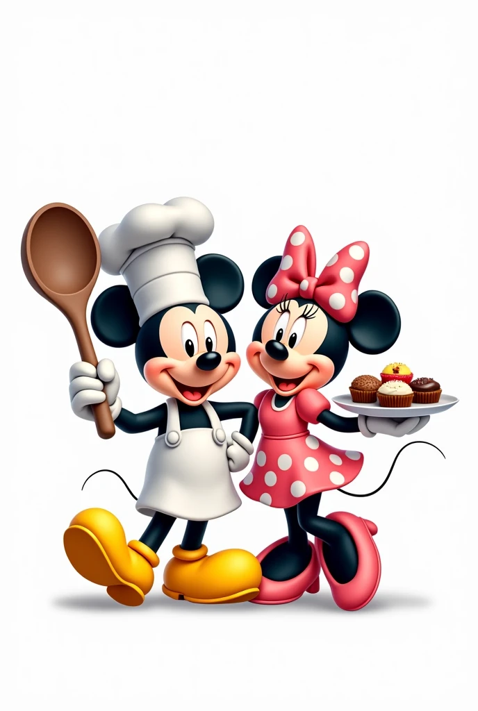a detailed, full-body image in a cartoony style of Mickey and Minnie Mouse, both dressed as chefs. Mickey is wearing a white chef's hat, a white apron, and yellow shoes. Minnie is wearing a pink dress with white polka dots and a matching bow. They are both smiling and look joyful. Mickey is holding a large cooking spoon, and Minnie is holding a tray of sweets. The background should be completely white, focusing solely on the characters without any kitchen or additional elements in the background. The image should feature simple shapes, bold outlines, solid colors, and minimal shadows or realistic details, characteristic of cartoon-style illustrations