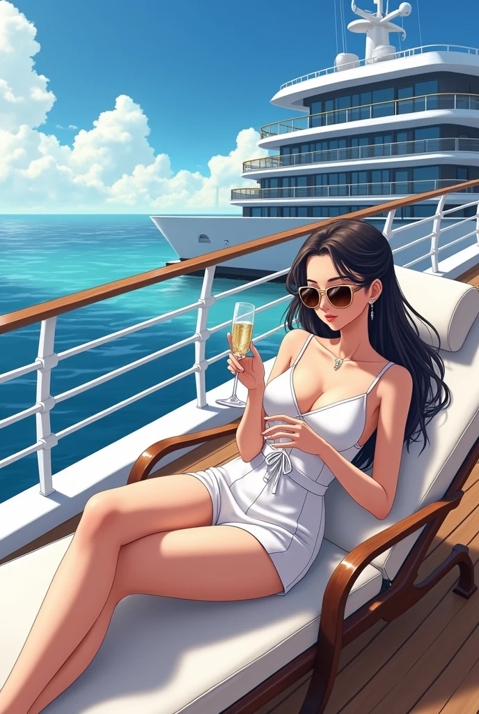 Japanese anime style,woman,Luxury Cruise Ship,Lying in a chair on the deck,Living elegantly,Champagne in hand,sunglasses,Japanese Style,アニメのwoman,The ship is luxurious