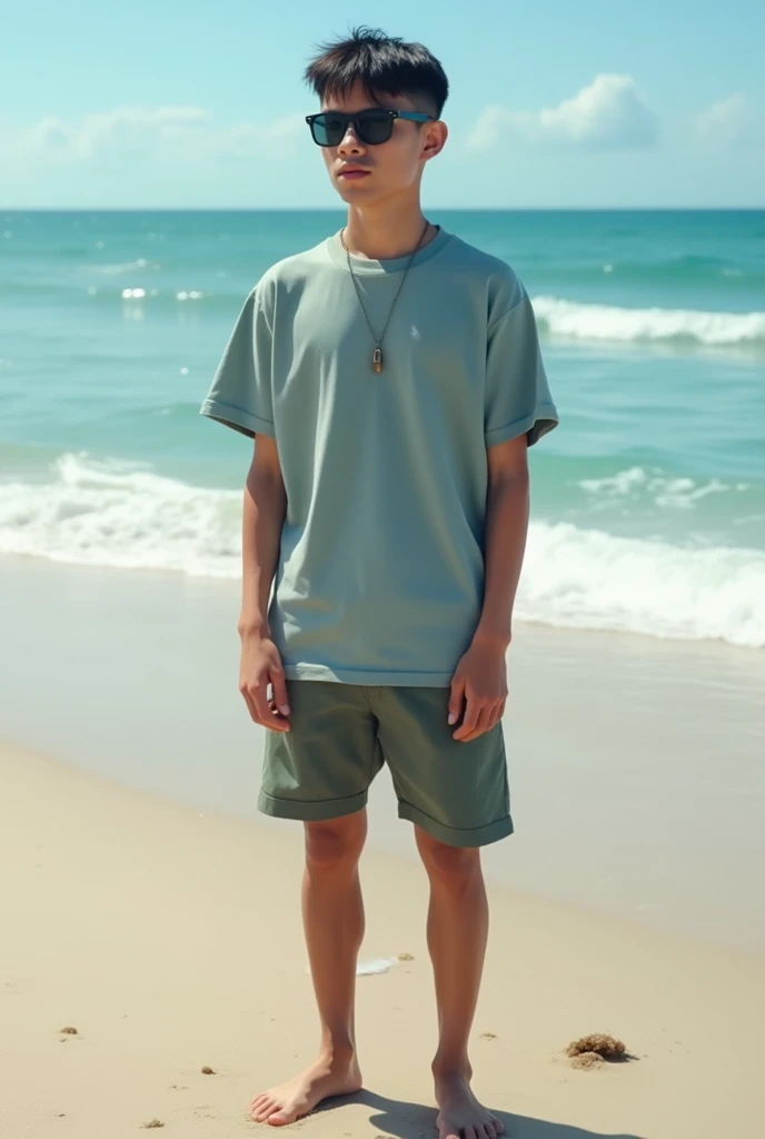 (photorealism) Pria indonesia umur 18 tahun ,badan kurus dan pendek (short) ,gaya rambut (undercut) di pantai dengan background ombak ,Memakai kaos warna keren dan celana pendek,memakai kacamata photocromic hitam ,tanpa alas kaki ,