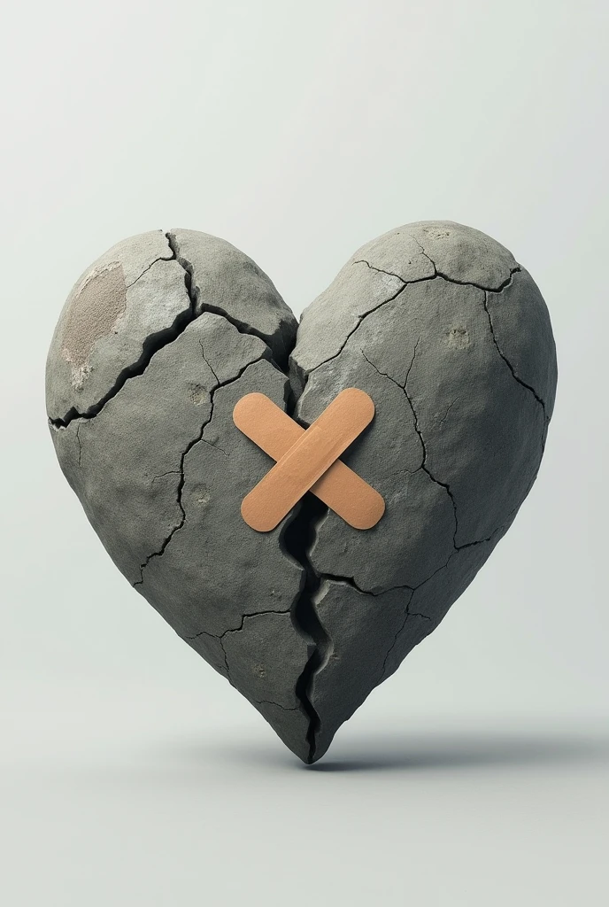 A stone heart cracked and being repaired with a band-aid