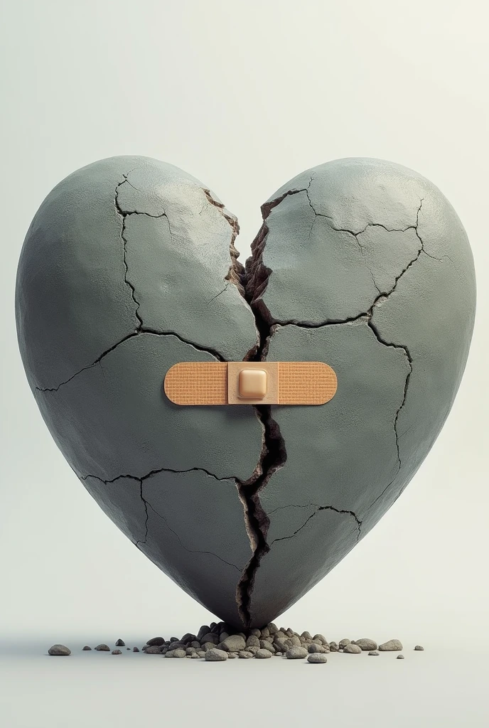 A stone heart cracked and being repaired with a band-aid
