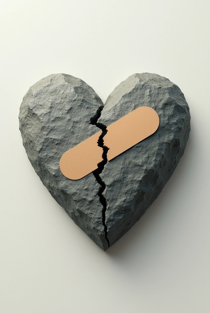 A stone heart cracked and being repaired with a band-aid