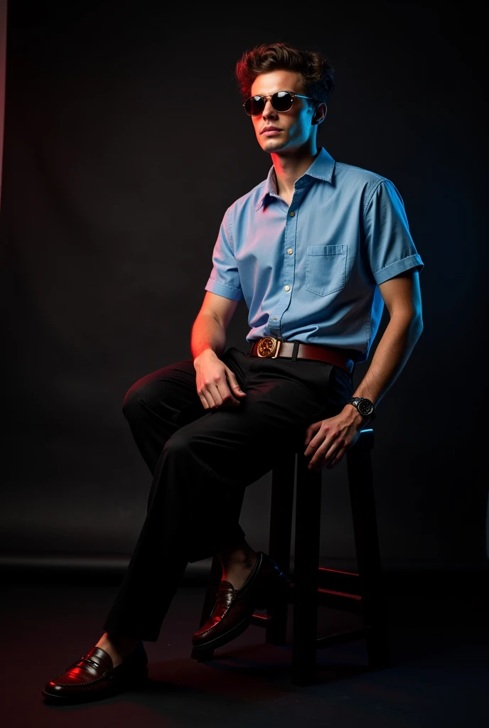 A tan long boy with short wavy hair and wearing sunglasses, old watch,sky blue shorts sleeve shirt with dark brown belt with black long trouser and dark brown loafers and sitting in black stool and black background with red and blue light on it and turning right side and seeing right side