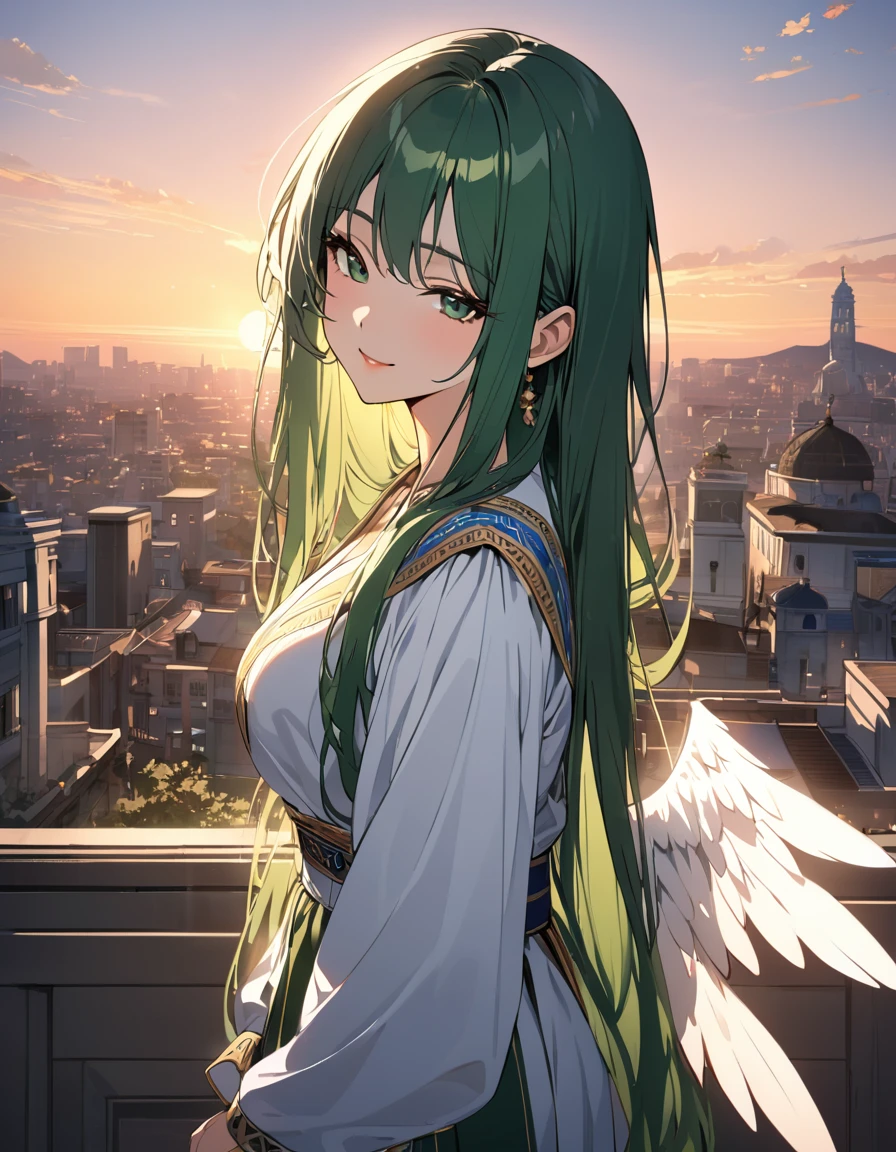 (masterpiece)、(absurdres)、(ultra detailed)、(8k),((angel wing:1.2)),A large number of angel wings are floating in the air:1.3,(soft lighting:1.2),smiling with head tilted,cowboy shot,(Greek national costume:1.2),Hagging knees:1.1,side view:1.2,looking viewer:0.7,Rooftop of a building,sunset city,(solo lady),(shiny dark green hair),(dark green eyes),(straight long hair),half-closed eyes,