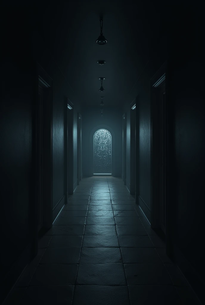 Mysterious Doors: A dark hallway with multiple mysterious doors appearing out of nowhere, each leading to a new eerie room in the animation form