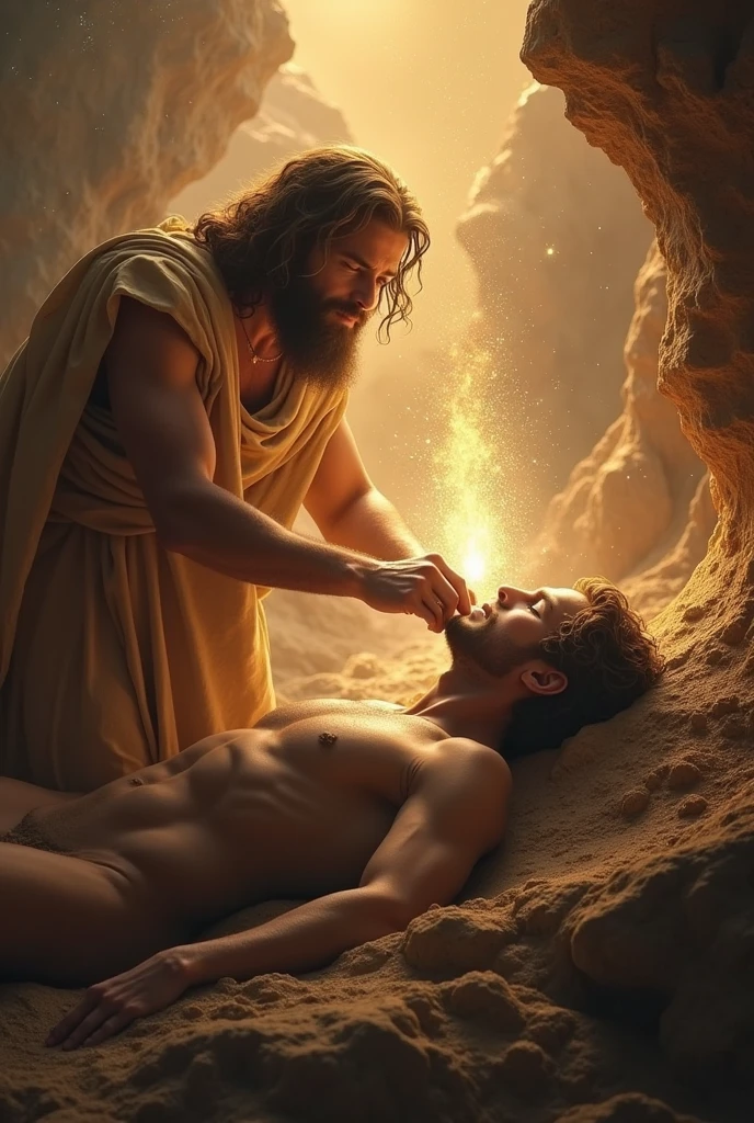 Adam receiving the breath of God in his nose, ceasing to be clay
