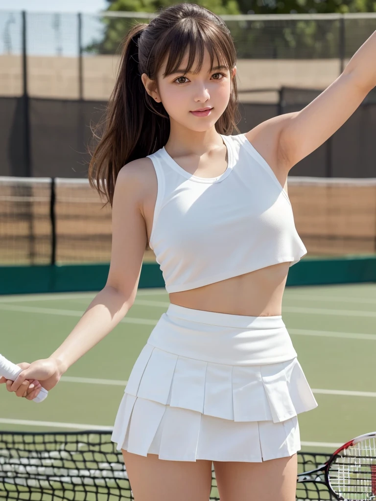 masterpiece, Highest quality,Very detailed,High resolution,(Realistic, photoRealistic:1.37),Excellent ???????,1 girl,(height: 152 cm),1 person,Cowboy Shot,Front view,Tennis Girl,Very beautiful face,Cute type,A small smile,Big Natural Color Lip,Big and beautiful eyes,Brown eyes,Obvious double,Small and cute nose,Soft light brown long hair,Asymmetrical bangs,Floating Hair NovaFrog Style,((White tennis wear)),(((White ultra short micro mini skirt:1.5))),((Tennis court:1.3)),Soft Light,RAW quality,Soft Skin,(Glowing Skin,Sweaty:1.4),Beautiful Hands,Five strong fingers,Beautiful feet,Voluptuous thighs,Plump body,Huge breasts,(Expresses the roundness and softness of the chest area.........1),Beautiful body,(The perfect woman),((Skirt flip:1.5)),((fine:1.5)),((Provocative dynamic pose:1.5))