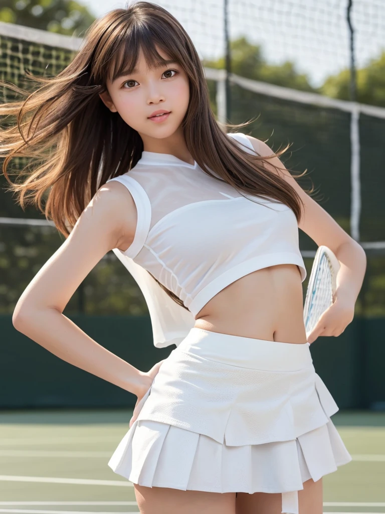 masterpiece, Highest quality,Very detailed,High resolution,(Realistic, photoRealistic:1.37),Excellent anatomy,1 girl,(height: 152 cm),1 person,Cowboy Shot,Front view,Tennis Girl,Very beautiful face,Cute type,A small smile,Big Natural Color Lip,Big and beautiful eyes,Brown eyes,Obvious double,Small and cute nose,Soft light brown long hair,Asymmetrical bangs,Floating Hair NovaFrog Style,((White tennis wear)),(((White ultra short micro mini skirt:1.5))),((Tennis court:1.3)),Soft Light,RAW quality,Soft Skin,(Glowing Skin,Sweaty:1.4),Beautiful Hands,Five strong fingers,Beautiful feet,Voluptuous thighs,Plump body,Huge breasts,(Expresses the roundness and softness of the chest area.........1),Beautiful body,(The perfect woman),((Skirt flip:1.5)),((fine:1.5)),((Provocative dynamic pose:1.5))